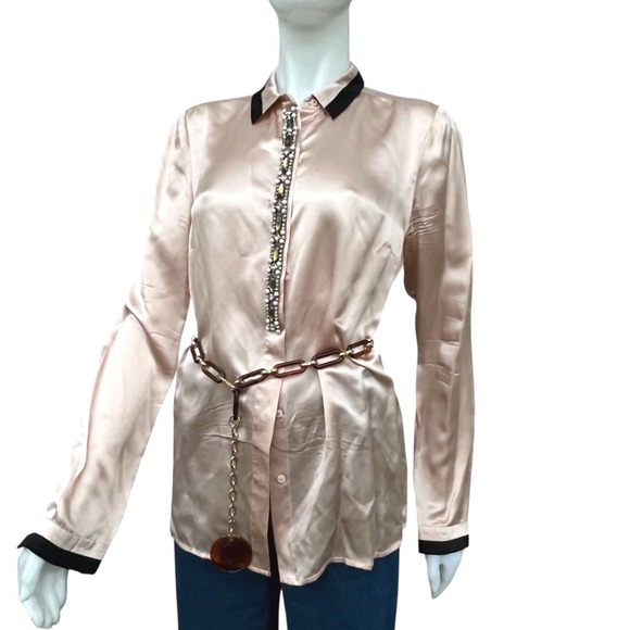 Tory Burch Silk Beaded Crystal Collar Long Sleeve Blouse Shirt Size 12 - Picture 3 of 17